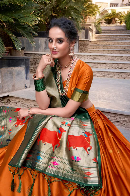Orange Zari Weaving Paithani Lehenga Choli in Jacquard Silk