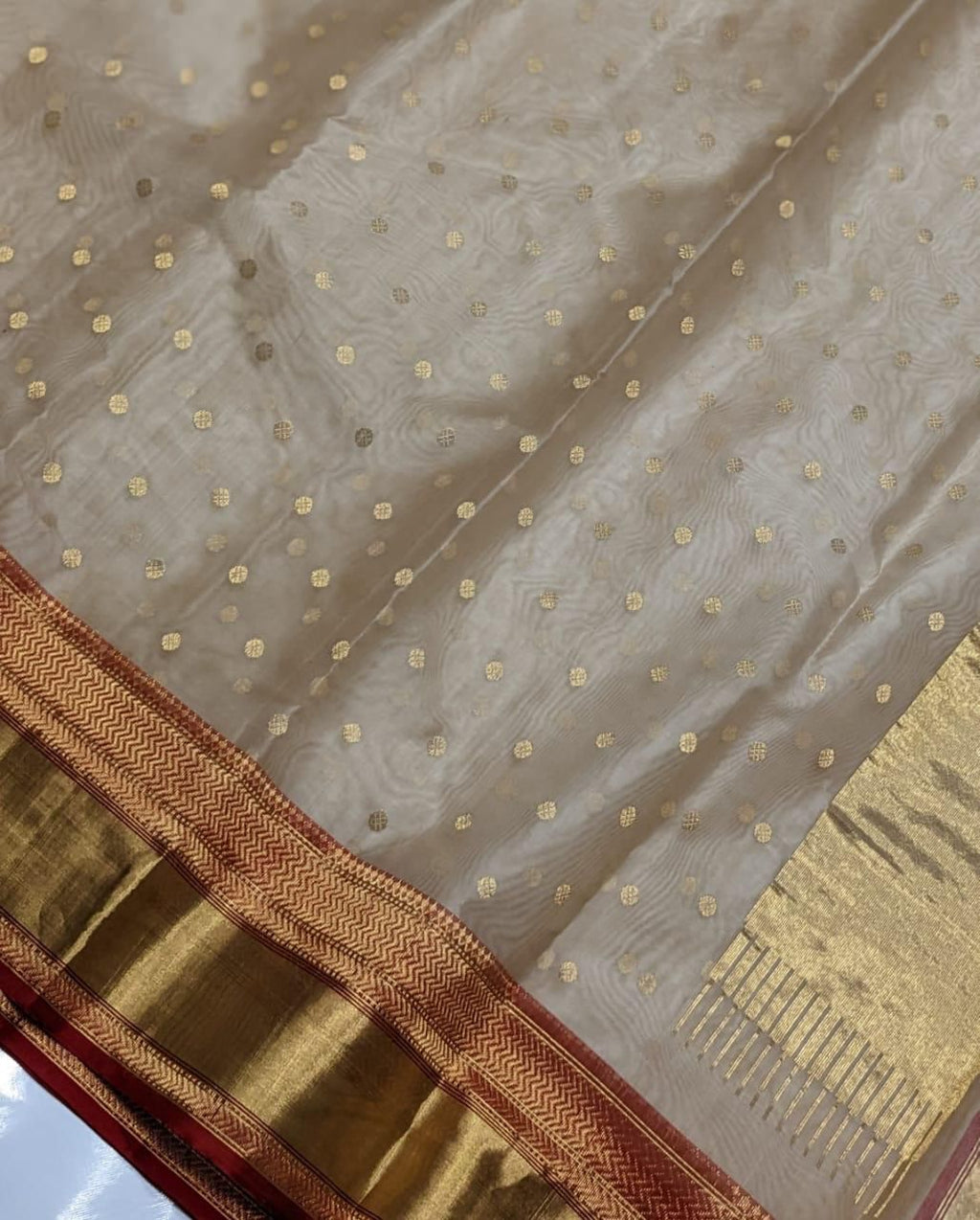Beige Chanderi Handloom Katan Silk Handwork Saree