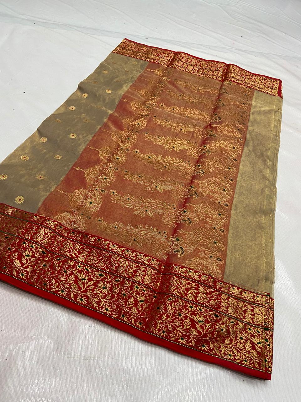 Beige Chanderi Handloom Katan Tissue Silk Meenakari Saree