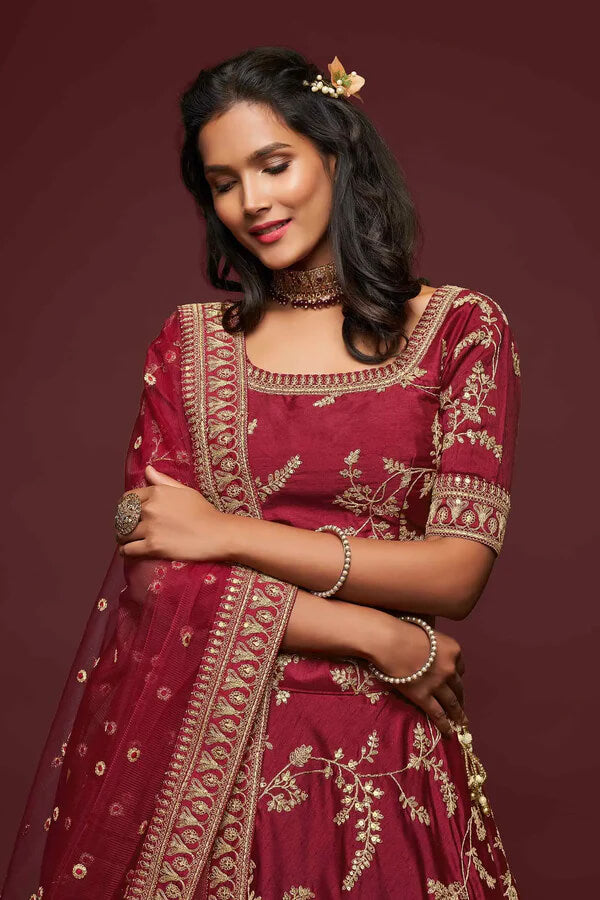 Maroon Silk Lehenga with Thread, Zari & Sequins Work