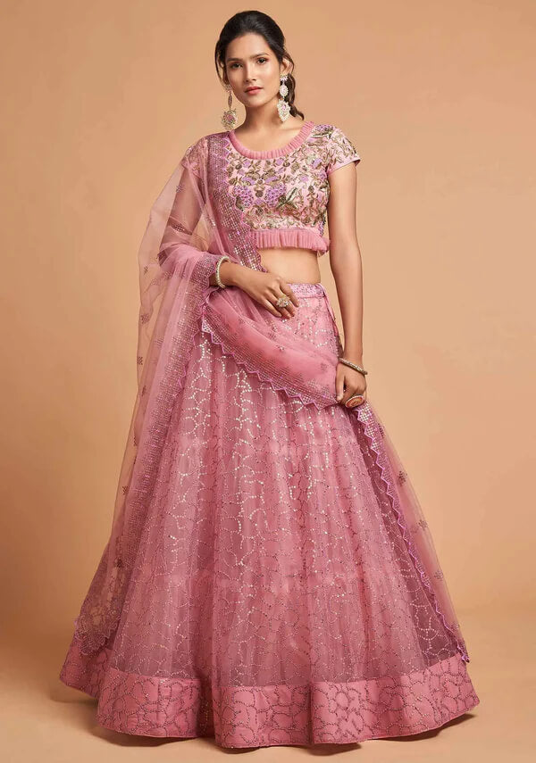 Blush Pink Soft Net Lehenga with Zari & Thread Work