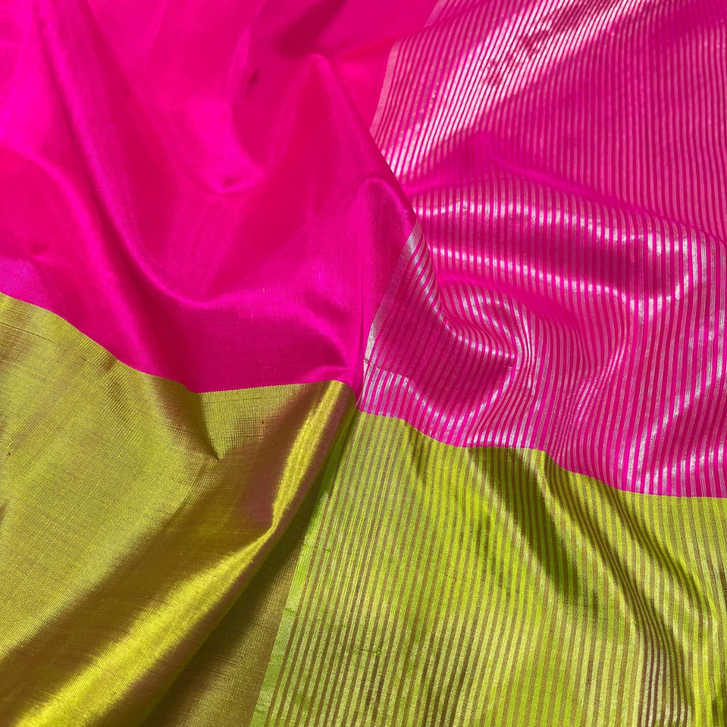 Dark Pink Chanderi Handloom Pattu Silk Mashru Borders Saree