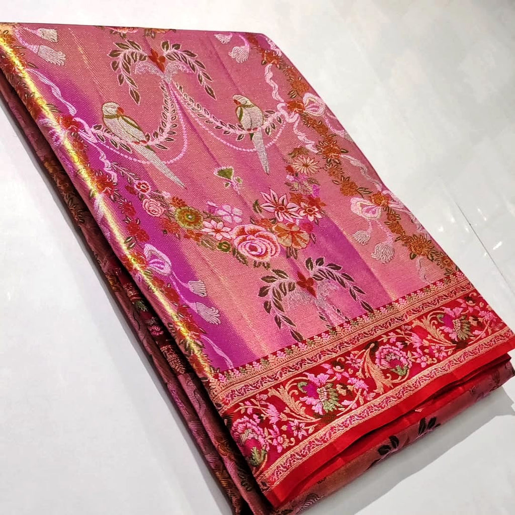 Hot Pink Kanchipuram Handloom Tissue Brocade 4D Weaving Silk Saree