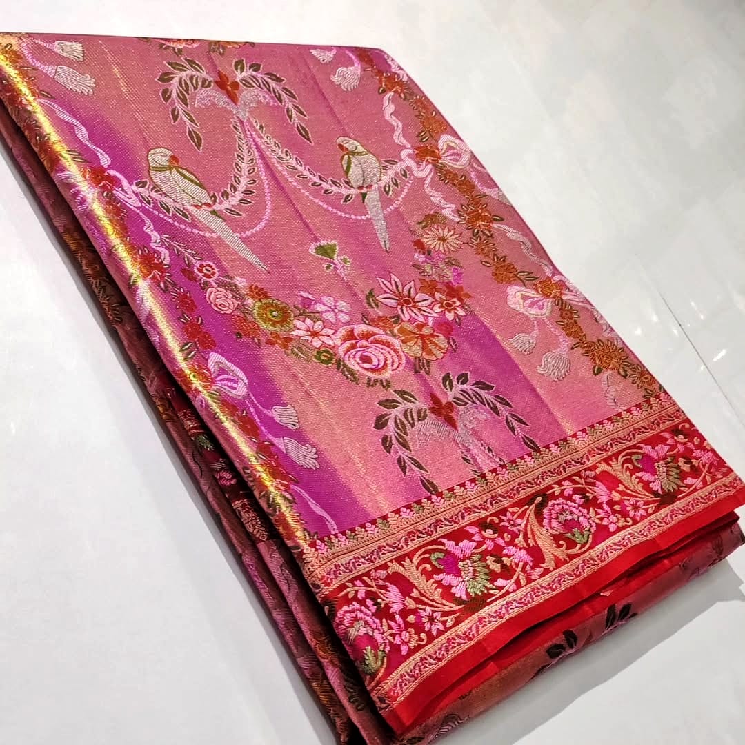 Hot Pink Kanchipuram Handloom Tissue Brocade 4D Weaving Silk Saree