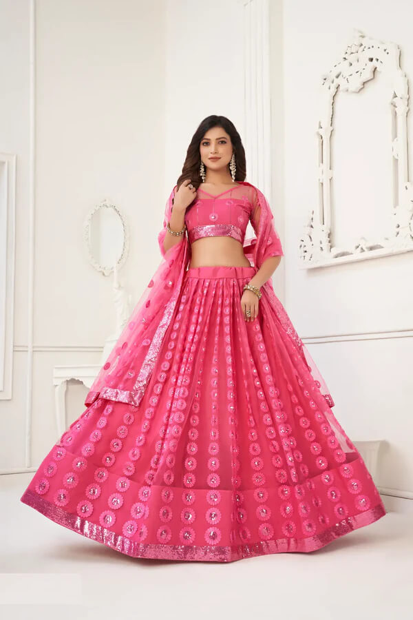 Bright Pink Net Lehenga Choli with Cotton Thread & Sequins Work
