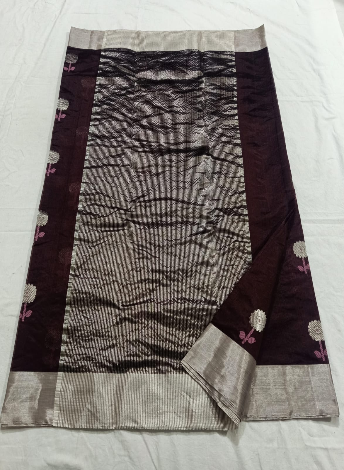Wine Chanderi Handloom Pattu Silk Meenakari Saree