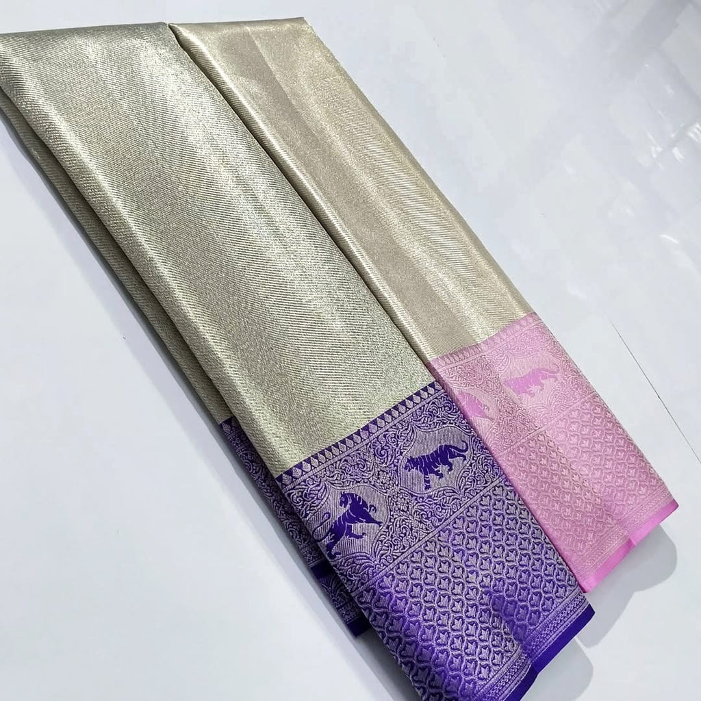 Ivory Kanchipuram Handloom Tissue Brocade Meenakari Silk Saree