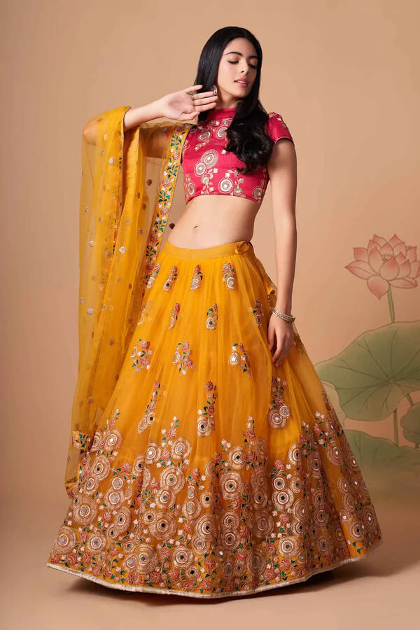 Yellow Net Lehenga with Zari, Sequins & Mirror Work