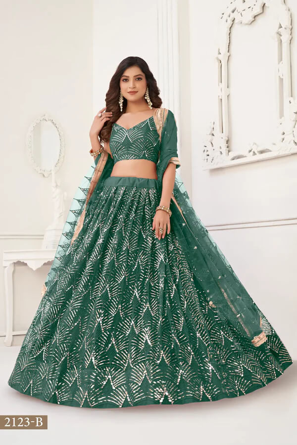 Chic Bottle Green Net Lehenga for Sangeet & Functions