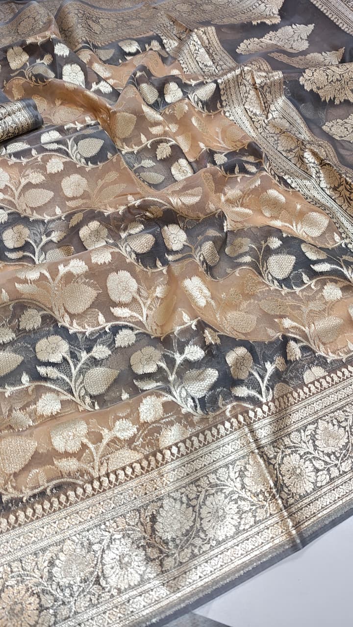 Grå Banarasi Håndvæv Rangkat Kora Tissue Silke Saree