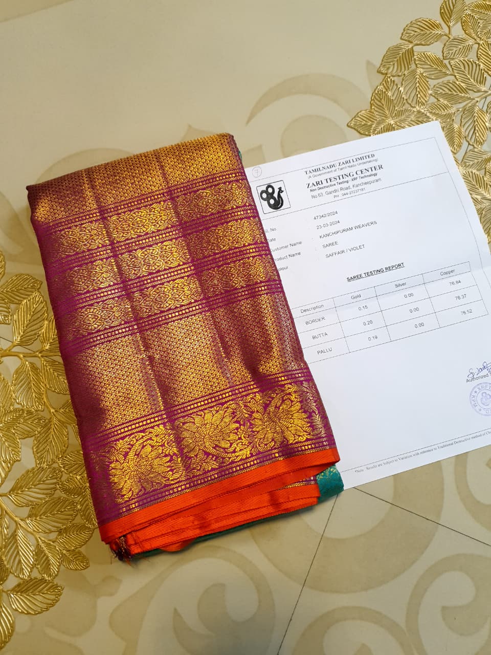 Havgrøn Kanchipuram Håndvæv 2G Guld Pattu Silk Saree