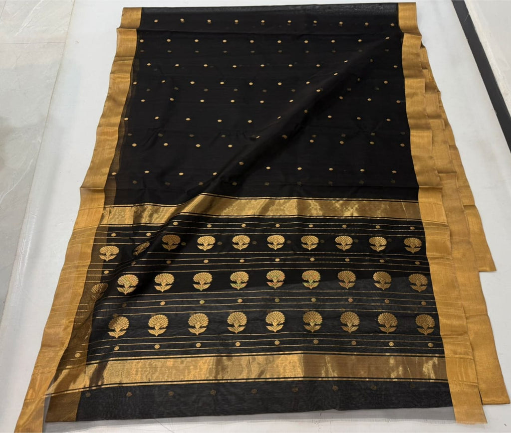 Black Chanderi Handloom Katan Silk Saree
