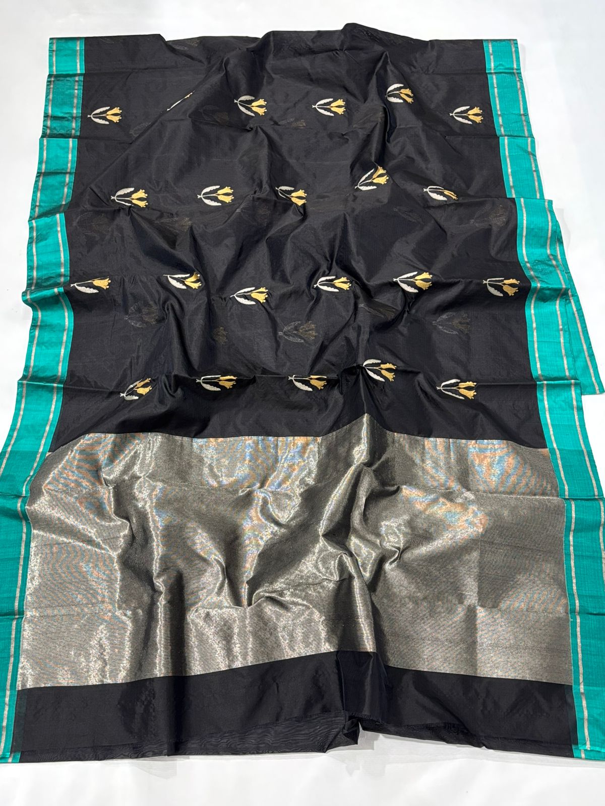 Black Chanderi Handloom Pattu Silk Meenakari Saree
