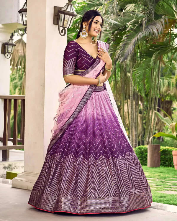 Purple & Light Peach Lehenga Choli with Thread & Sequins Work