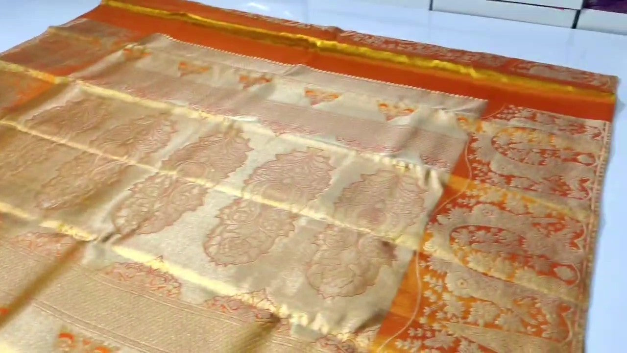Orange Kanchipuram Handloom Tissue Brocade Silk Saree