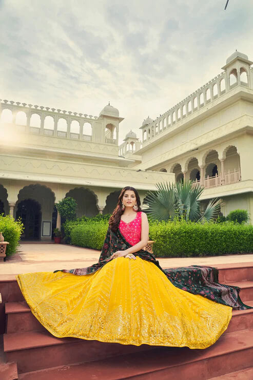 Party Wear Yellow-Pink Lehenga Choli with Intricate Embroidery