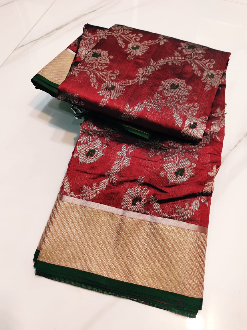 Red Chanderi Handloom Pattu Silk Meenakari Handwork Saree