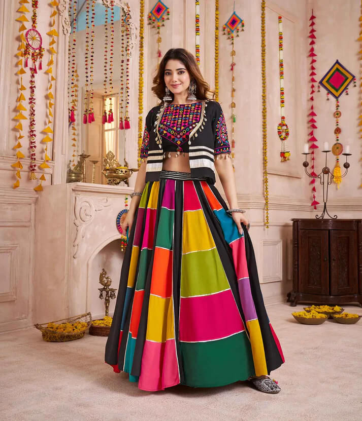 Black Multi Color Patch Work Lehenga with Mirror Jacket