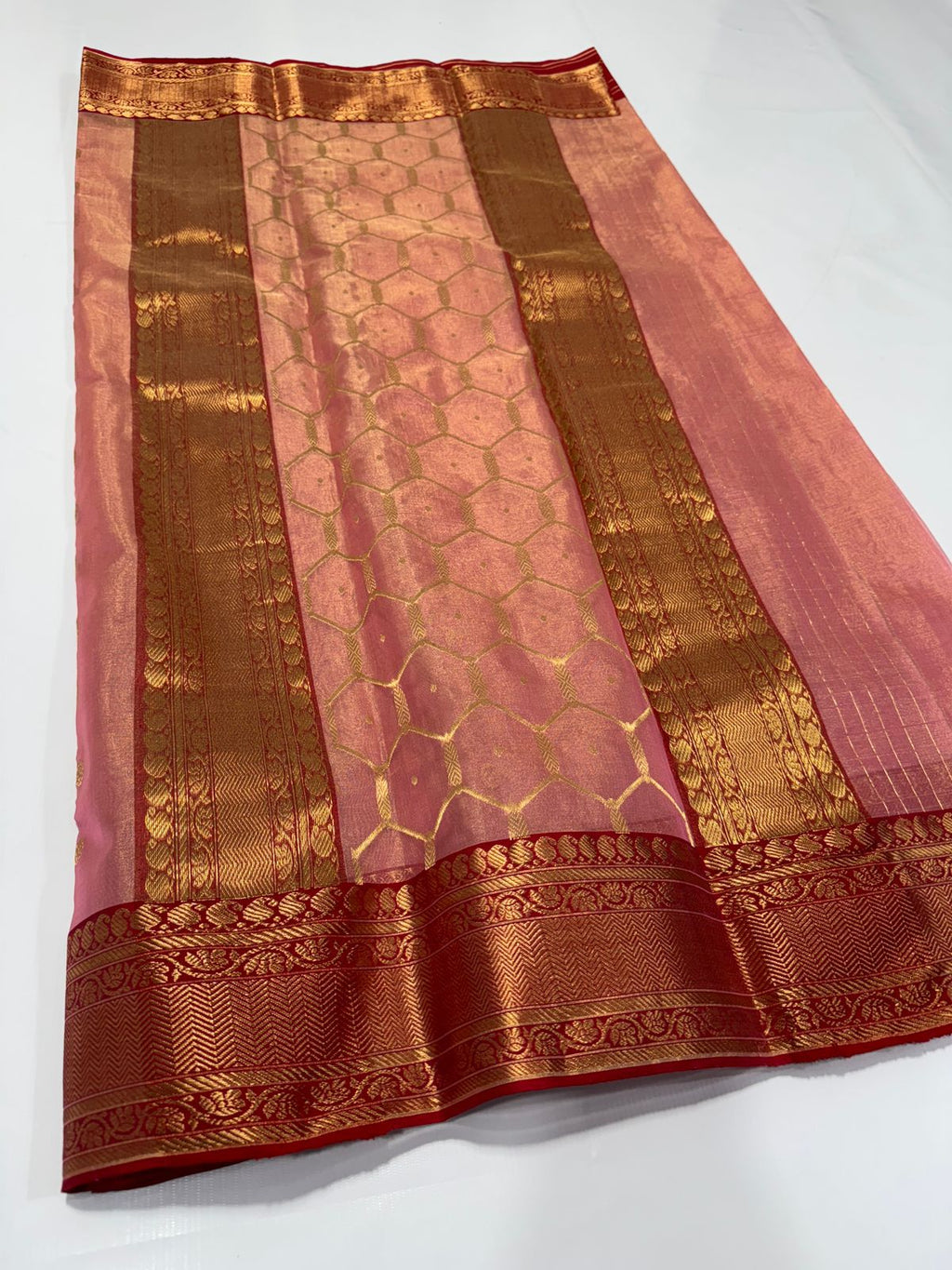 Peach Chanderi Handloom Katan Tissue Silk Saree