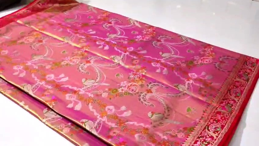 Hot Pink Kanchipuram Handloom Tissue Brocade 4D Weaving Silk Saree
