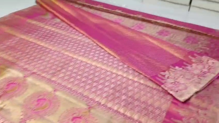 Hot Pink Kanchipuram Handloom Tissue Brocade Bridal Silk Saree