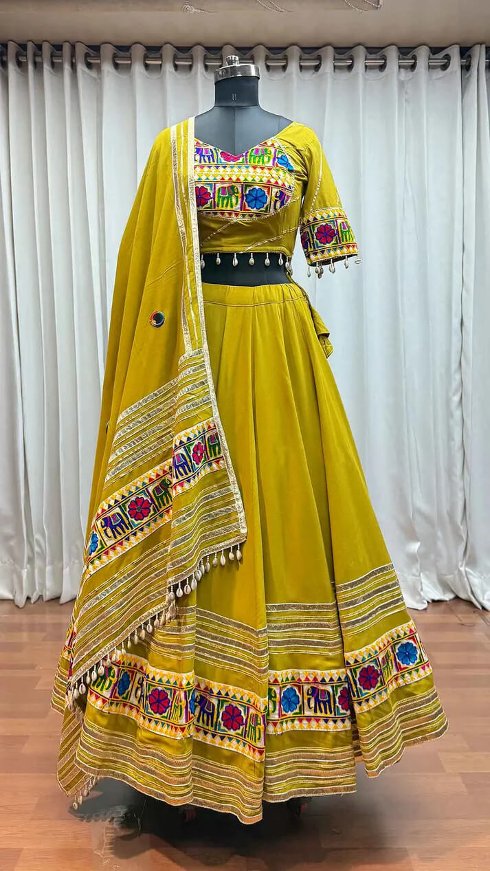 Mustard Brown Kutchi Work Navratri Lehenga Choli