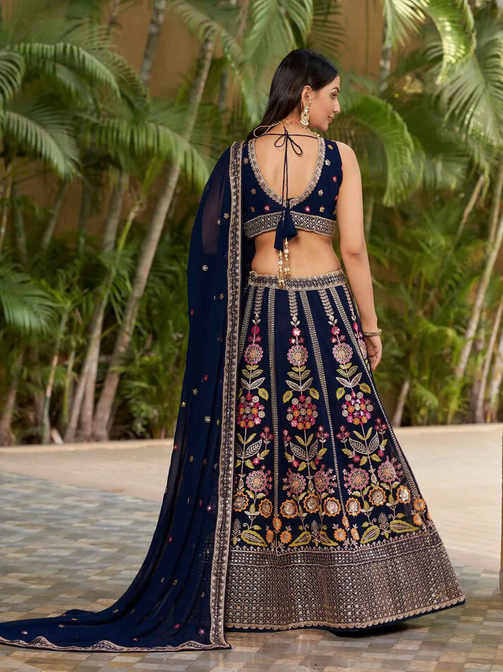 Navy Blue Georgette Lehenga with Thread & Zari Embroidery