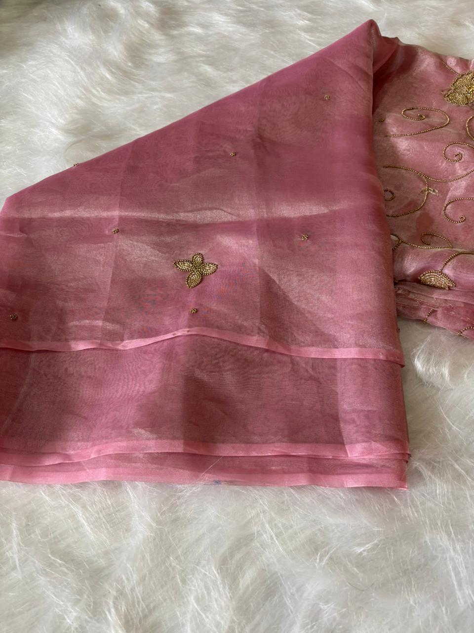 Pastel Pink Banarasi håndvævet saree af rent silkebroderet silkevæv