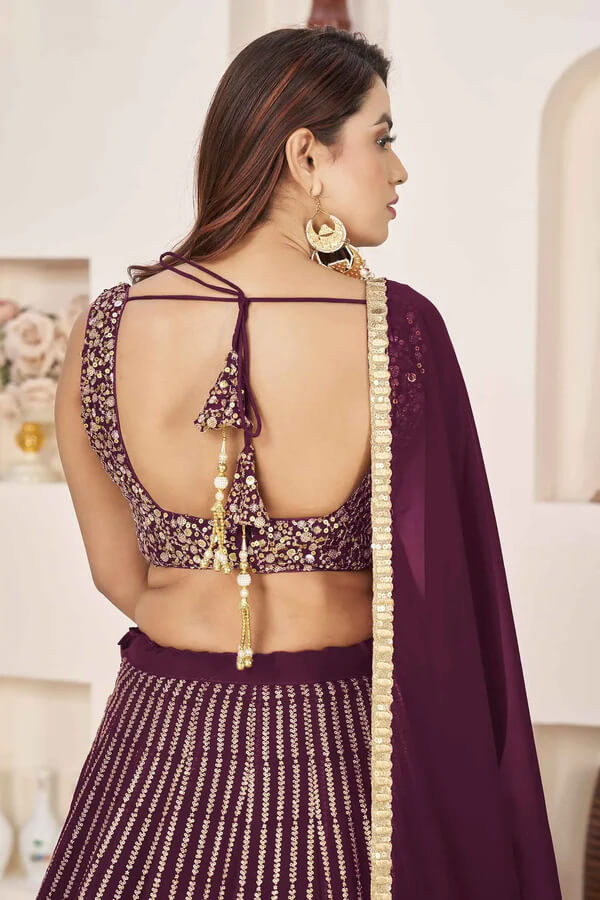 Wine Georgette Lehenga with Sequins & Zari Work