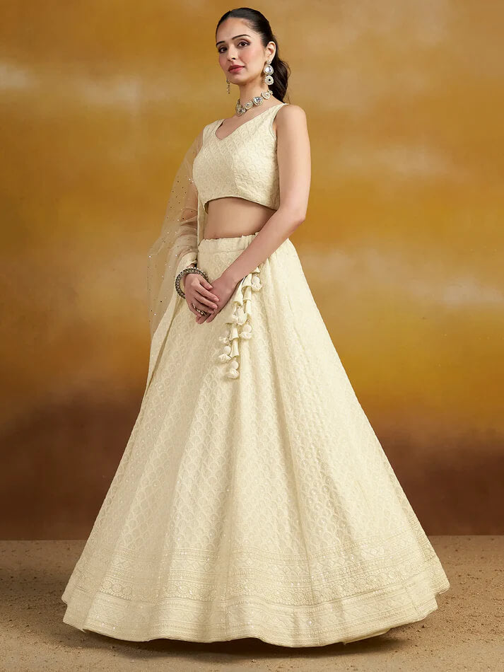 White Party Wear Lehenga with Sequins & Dupatta