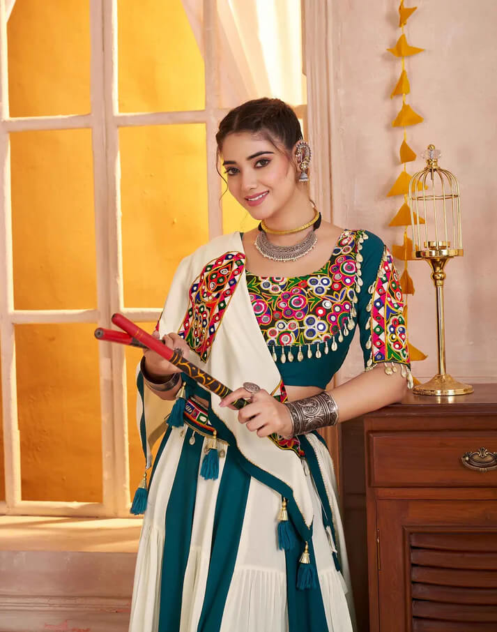 White & Teal Kutchi Mirror Work Navratri Lehenga Choli