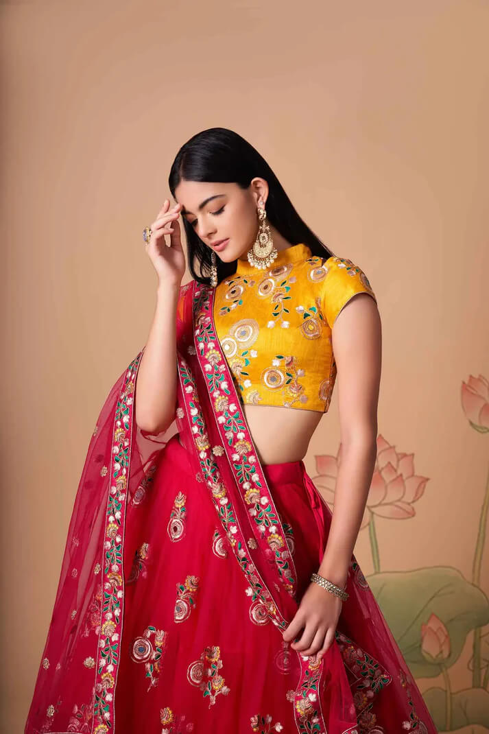 Red Net Lehenga with Zari, Sequins & Mirror Work