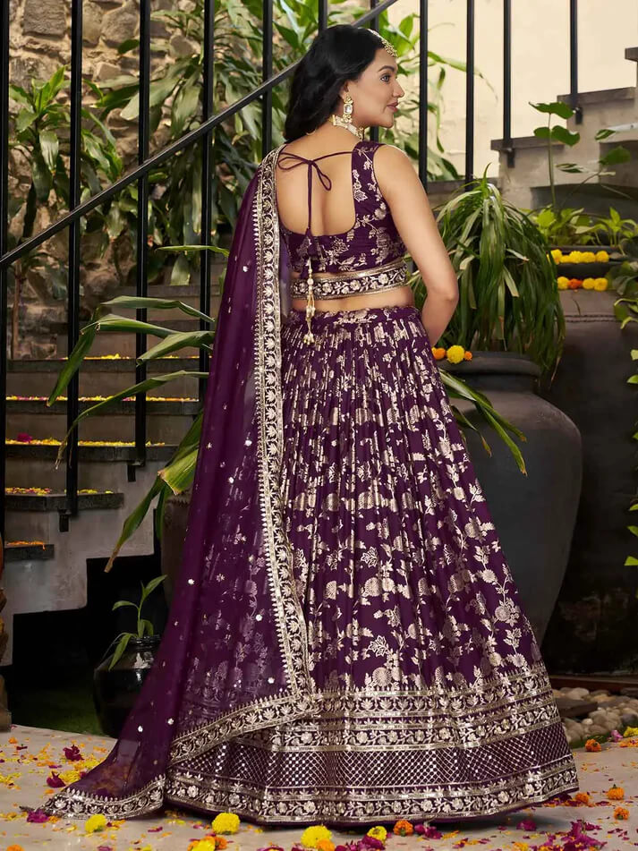 Wine Jacquard Lehenga with Zari & Sequins Work