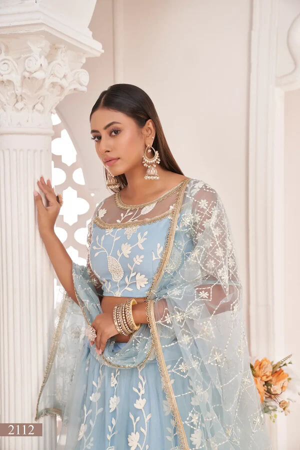 Festive Light Sky Cotton Thread Work Lehenga