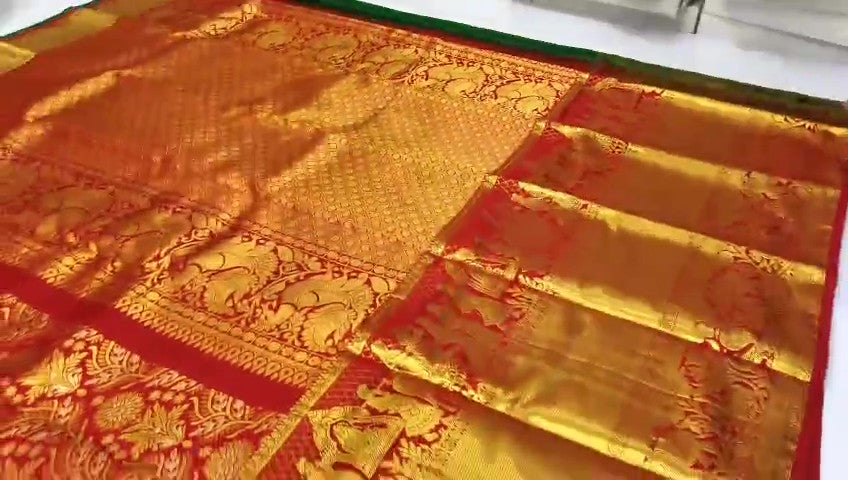 Red Kanchipuram Handloom Tissue Brocade Silk Bridal Saree