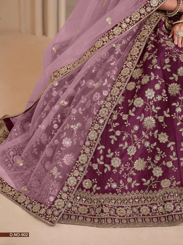 Elegant Wine Art Silk Lehenga Choli with Embroidery