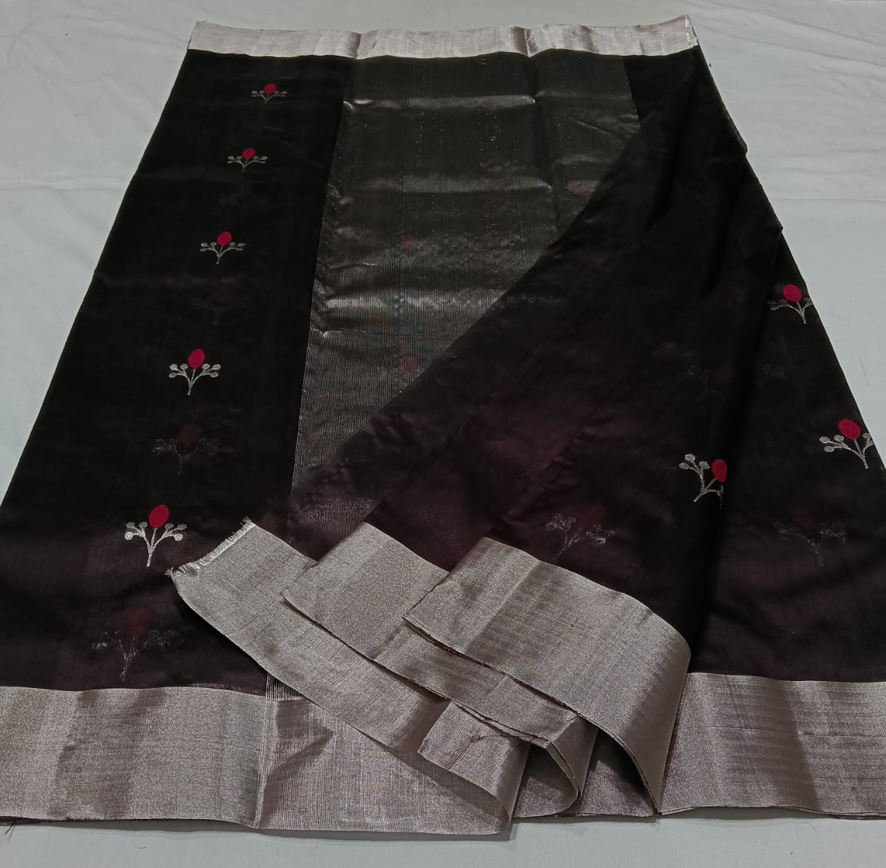 Dark Brown Chanderi Handloom Pattu Silk Eknal Buttas Meenakari Saree