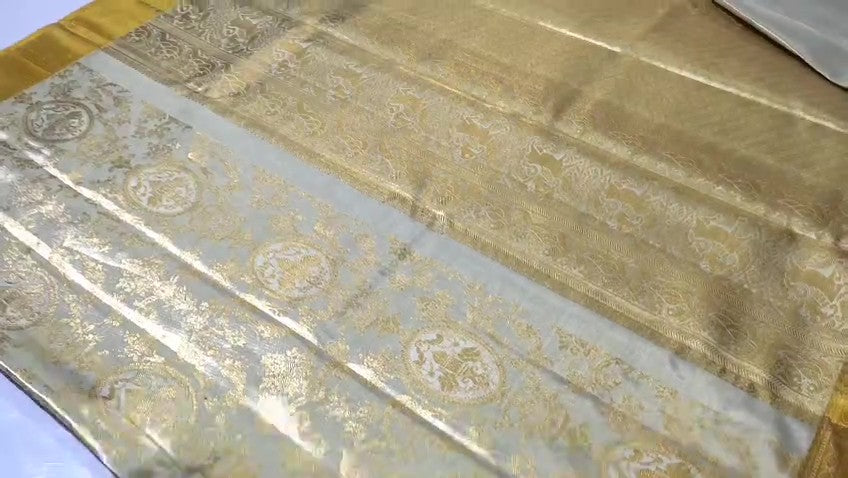 Ivory & Gold Kanchipuram Handloom Tissue Brocade Bridal Silk Saree