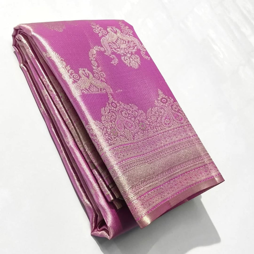 Onion Pink Kanchipuram Handloom Tissue Brocade Silk Saree