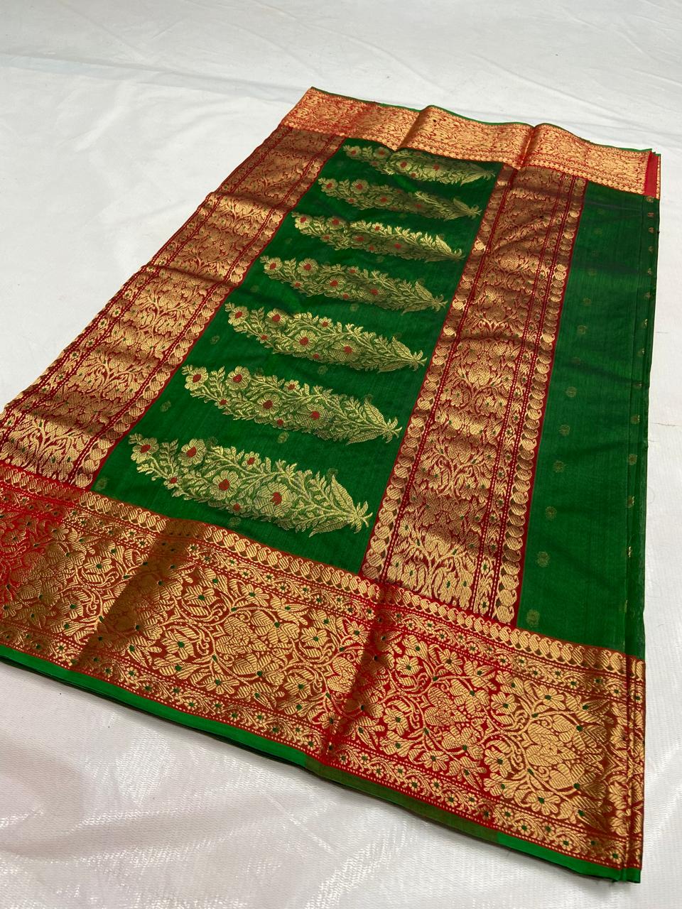 Dark Green Chanderi Handloom Katan Silk Nakshi Saree
