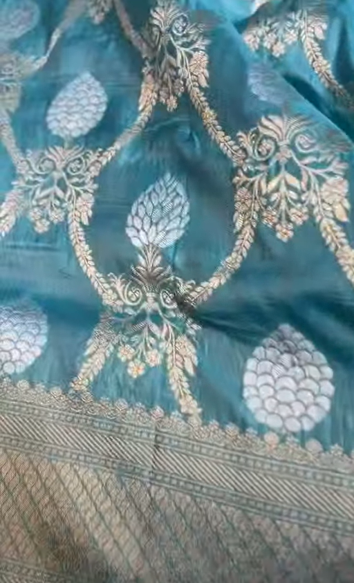 Dual Tone Turquoise and Green Banarasi Katan Silk Saree with Gold and Silver Sona Rupa Zari Weaving and Silk Mark Tag.