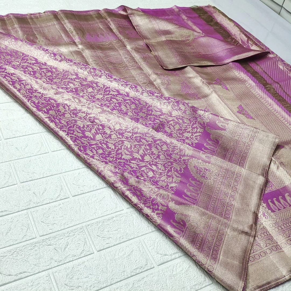 Onion Pink Kanchipuram Handloom Tissue Brocade Silk Saree