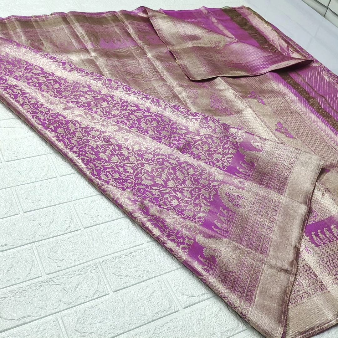 Onion Pink Kanchipuram Handloom Tissue Brocade Silk Saree