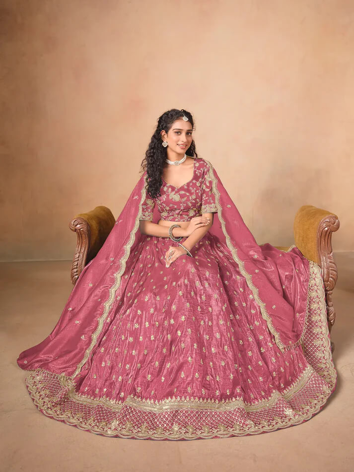 Tulip Pink Organza Lehenga with Embroidery Work