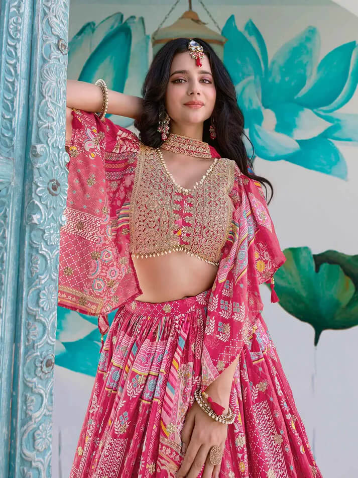 Pink Silk Lehenga with Digital Print & Embroidery