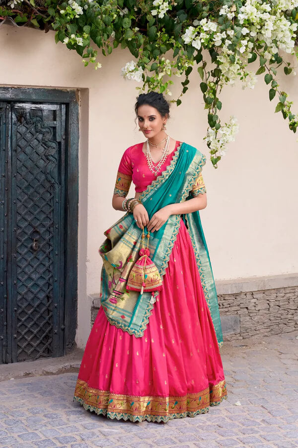 Festive Dark Pink Paithani Silk Lehenga with Zari Detailing