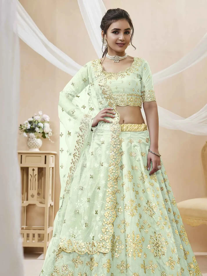 Pista Green Art Silk Lehenga with Sequins & Zari Work