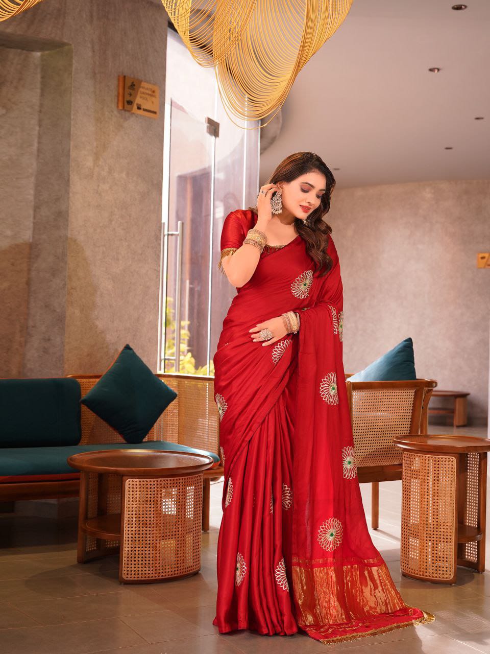 Red Hand Embroidered Jaipuri Gajji Silk Saree