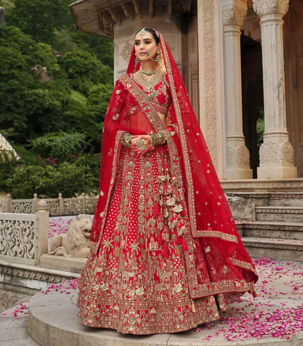 Modern Cornel Red Wedding Lehenga with Dual Dupattas