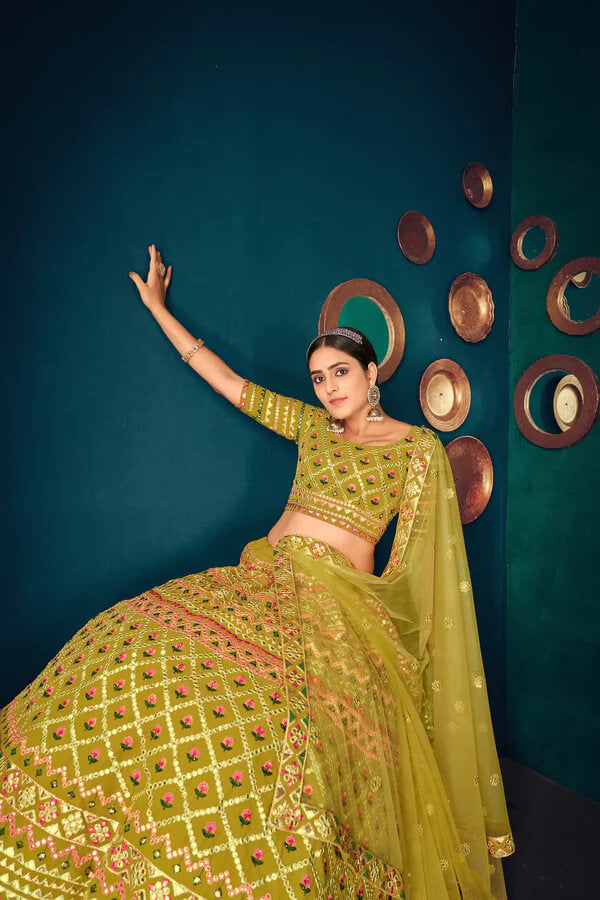 Lime Green Georgette Lehenga Choli with Gota Patti & Thread Work